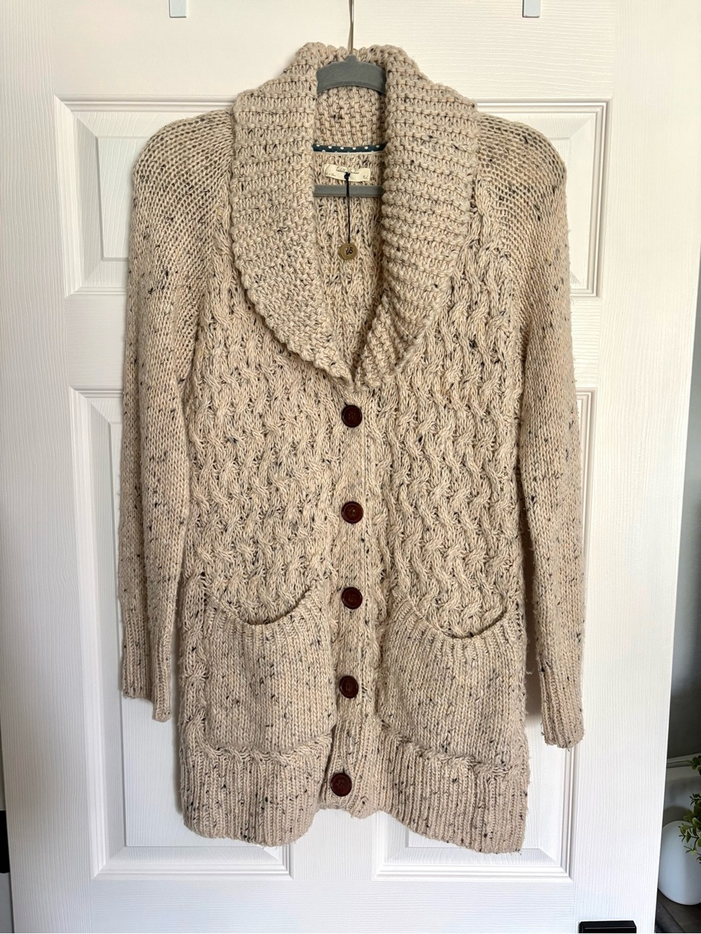 Anthropologie Cream Speckled Cable-Knit Relaxed Collar Cardigan